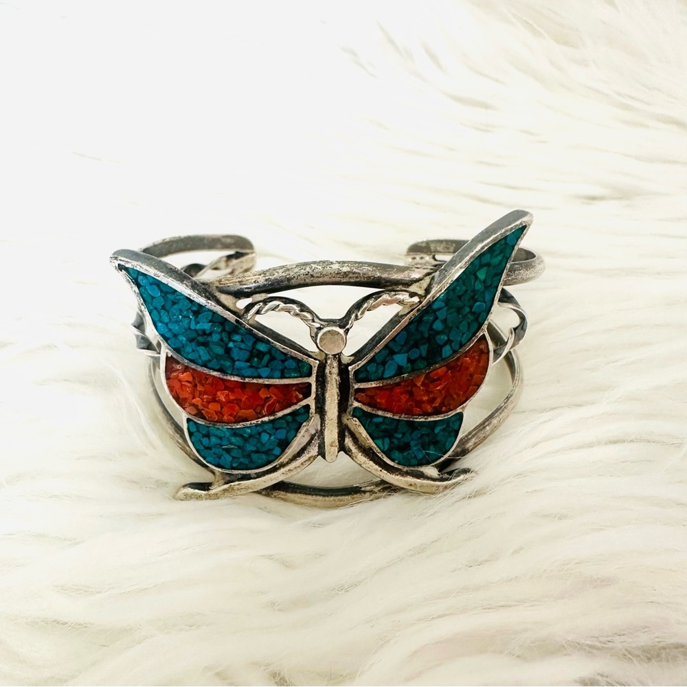 Zuni Silver, Vintage Navajo Turquoise & Coral Butterfly Bracelet